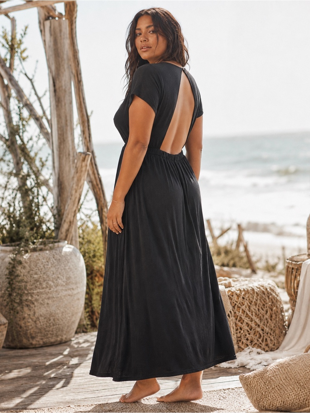 Free People Beach black open back maxi dress size large boho festival travel